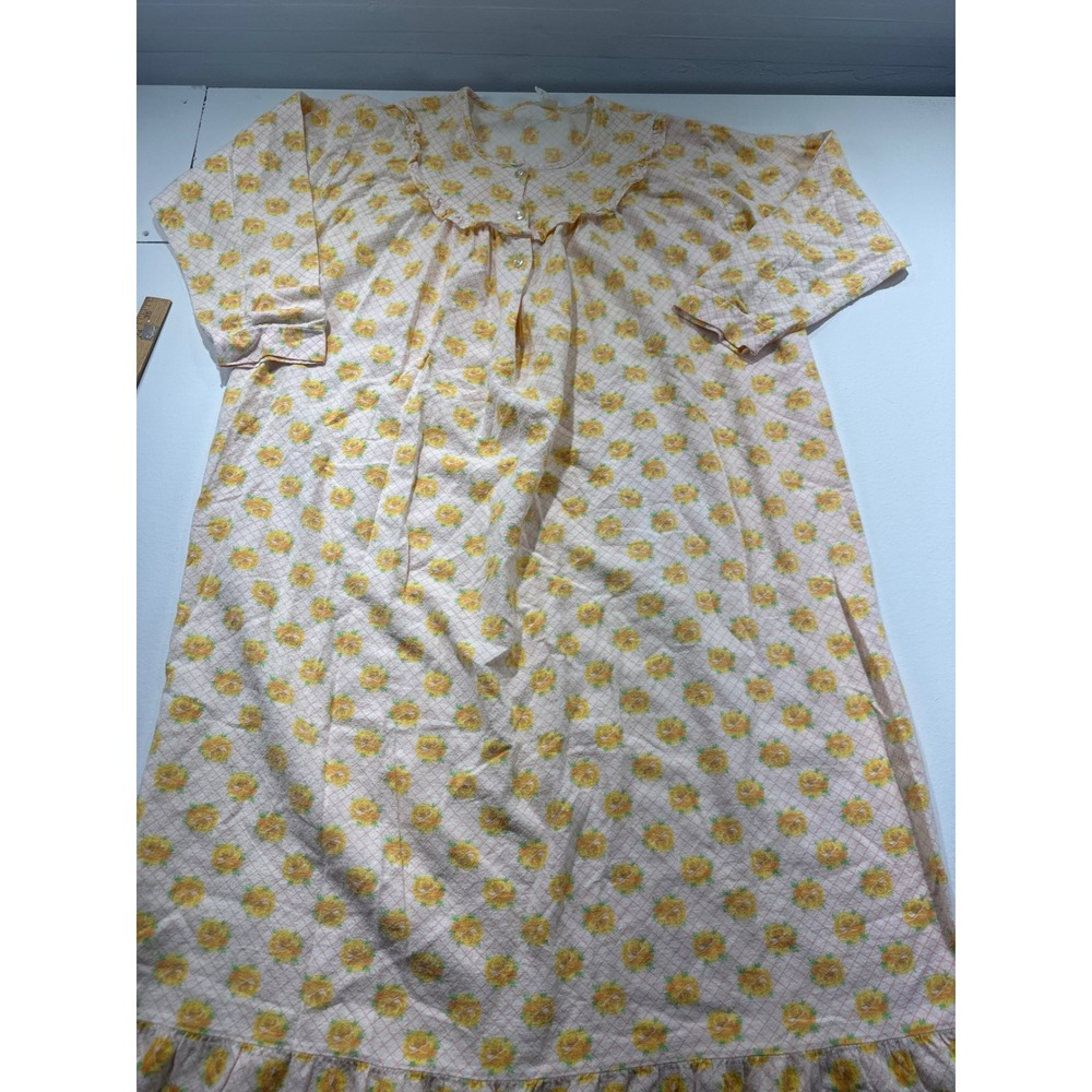 Vintage Katz Long Nightgown Yellow Floral Rose Pink Grid Ruffle Cottagecore L
